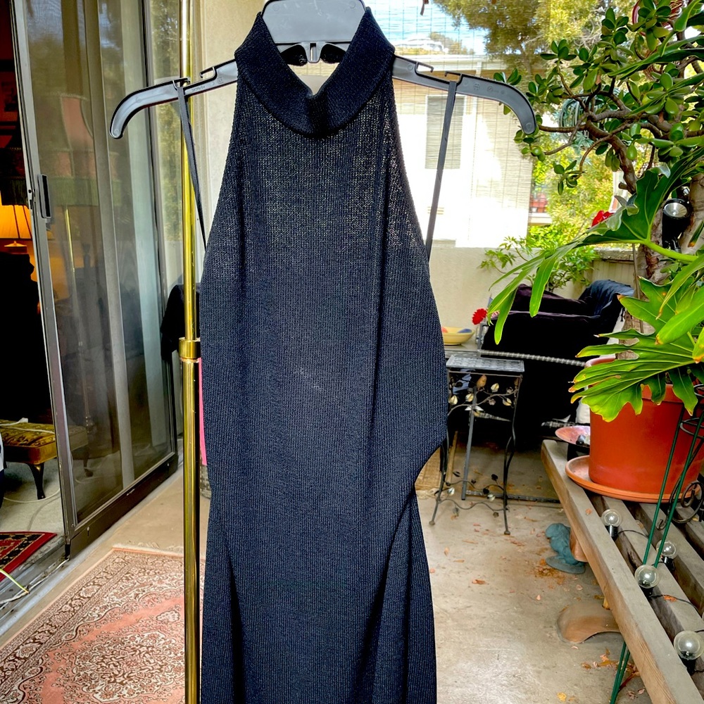St. John Collection black knit backless fitted dress.